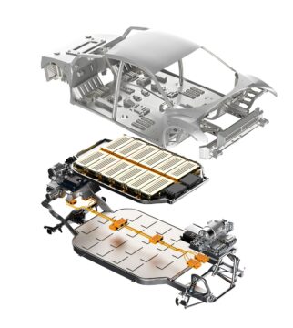 Explode view of golden electric vehicle battery with car frame